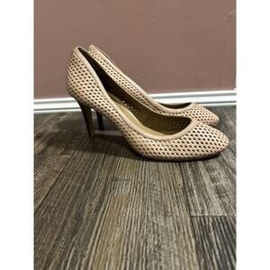 Ann Taylor Nude Leather Perforated Heels, Size 10, Almond Toe
